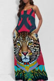 Orange Sexy Print Patchwork Backless Spaghetti Strap Sling Dresses