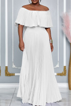 White Elegant Solid Color Patchwork Backless Pleated Off Shoulder Long Dresses