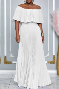 White Elegant Solid Color Patchwork Backless Pleated Off Shoulder Long Dresses
