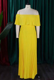 Tangerine Elegant Solid Color Patchwork Backless Pleated Off Shoulder Long Dresses