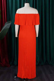 Tangerine Elegant Solid Color Patchwork Backless Pleated Off Shoulder Long Dresses