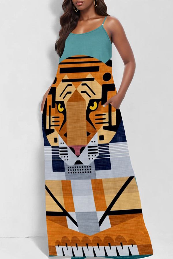 Cyan Sexy Print Patchwork Backless Spaghetti Strap Sling Dresses