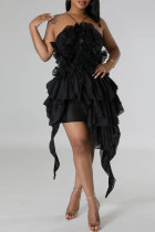 Black Sexy Solid Color Patchwork Backless Ruffle Lace Up Spaghetti Strap Irregular Dresses