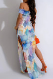 Multicolor Sexy Print Patchwork Backless High Slit Off Shoulder Long Dresses