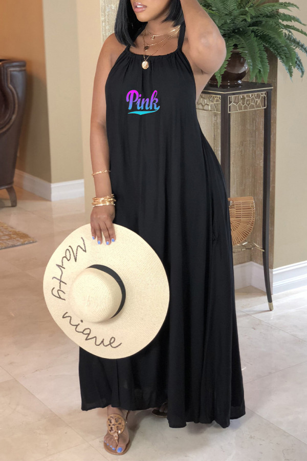 Black Casual Letter Print Draw String Lace Up Backless Halter Sleeveless Dresses
