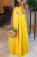 Yellow Casual Letter Print Draw String Lace Up Backless Halter Sleeveless Dresses