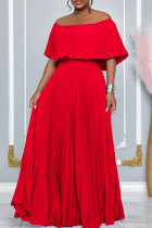 Red Elegant Solid Color Patchwork Backless Pleated Off Shoulder Long Dresses