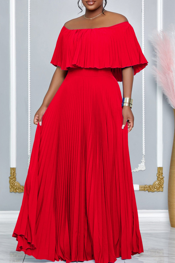 Red Elegant Solid Color Patchwork Backless Pleated Off Shoulder Long Dresses