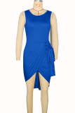 Blue Sexy Celebrities Patchwork Strap Design O Neck Wrapped Skirt Dresses
