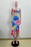 Multicolor Sexy Casual Irregular Printed Hollow Out Backless Spaghetti Strap Wrapped Skirt Dresses