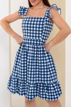 Blue Celebrities Plaid Patchwork Backless Stringy Selvedge Square Neck A Line Dresses