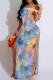 Blue Purple Sexy Print Patchwork Backless High Slit Off Shoulder Long Dresses