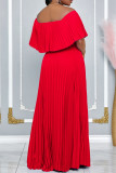 Tangerine Elegant Solid Color Patchwork Backless Pleated Off Shoulder Long Dresses