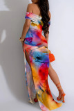 Multicolor Sexy Print Patchwork Backless High Slit Off Shoulder Long Dresses
