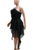 Black Sexy Solid Color Patchwork Backless Ruffle Lace Up Spaghetti Strap Irregular Dresses