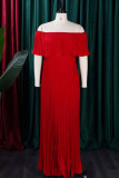 Tangerine Elegant Solid Color Patchwork Backless Pleated Off Shoulder Long Dresses