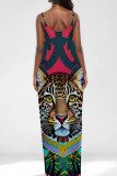 Orange Sexy Print Patchwork Backless Spaghetti Strap Sling Dresses