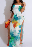 Multicolor Sexy Print Patchwork Backless High Slit Off Shoulder Long Dresses