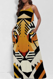 Orange Sexy Print Patchwork Backless Spaghetti Strap Sling Dresses