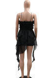 Black Sexy Solid Color Patchwork Backless Ruffle Lace Up Spaghetti Strap Irregular Dresses
