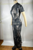 Black White Elegant Print Patchwork Slit Zipper O Neck Wrapped Skirt Dresses