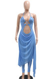 Coffee Sexy Solid Color Hollow Out Patchwork See-Through Backless Halter Regular Jumpsuits