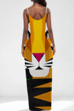 Orange Sexy Print Patchwork Backless Spaghetti Strap Sling Dresses