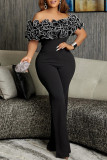 Black Celebrities Solid Color Patchwork Backless Ruffled Trim Off Shoulder Regular Jumpsuits