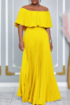 Yellow Elegant Solid Color Patchwork Backless Pleated Off Shoulder Long Dresses