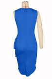 Blue Sexy Celebrities Patchwork Strap Design O Neck Wrapped Skirt Dresses