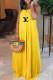 Yellow Casual Letter Print Draw String Halter Sleeveless Dresses