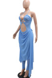 Coffee Sexy Solid Color Hollow Out Patchwork See-Through Backless Halter Regular Jumpsuits