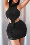 Black Sexy Solid Color Patchwork Turtleneck Sleeveless Three Pieces