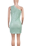 Cyan Sexy Solid Color Sequins Patchwork Backless Oblique Collar Wrapped Skirt Dresses