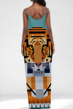Orange Sexy Print Patchwork Backless Spaghetti Strap Sling Dresses