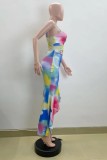 Multicolor Sexy Casual Irregular Printed Hollow Out Backless Spaghetti Strap Wrapped Skirt Dresses