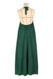 Green Casual Letter Print Draw String Lace Up Backless Halter Sleeveless Dresses
