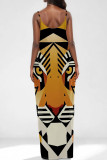 Orange Sexy Print Patchwork Backless Spaghetti Strap Sling Dresses