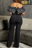 Black Celebrities Solid Color Patchwork Backless Ruffled Trim Off Shoulder Regular Jumpsuits