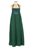 Green Casual Letter Print Draw String Lace Up Backless Halter Sleeveless Dresses