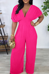 Rose Red Casual Solid Color Patchwork Pleated V Neck Loose Jumpsuits