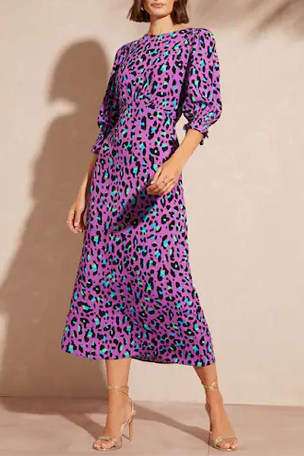 Purple Elegant Print Patchwork O Neck Long Dresses