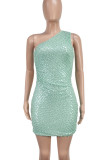 Cyan Sexy Solid Color Sequins Patchwork Backless Oblique Collar Wrapped Skirt Dresses