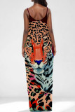 Orange Sexy Print Patchwork Backless Spaghetti Strap Sling Dresses