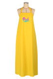 Green Casual Letter Print Draw String Lace Up Backless Halter Sleeveless Dresses