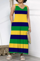 Green Casual Striped Print Pocket Contrast V Neck Loose Jumpsuits