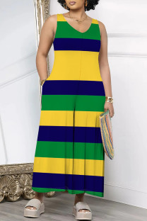 Green Casual Striped Print Pocket Contrast V Neck Loose Jumpsuits