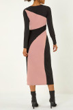 Pink Casual Patchwork Slit Contrast O Neck Long Sleeve Dresses
