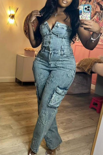 Sky Blue Sexy Pocket Buckle Patchwork Strapless Sleeveless Regular Denim Jumpsuits
