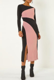 Pink Casual Patchwork Slit Contrast O Neck Long Sleeve Dresses